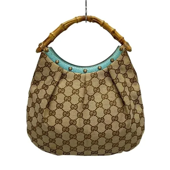 GUCCI GG/Bamboo Beige Light Blue Jacquard Leather Handbag 525-060625